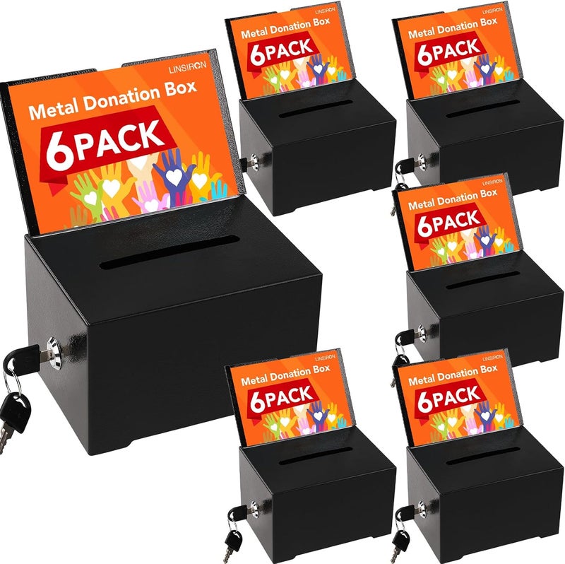 LINSIRON 6Pcs Black Tip Jar Suggestion Box with Slot and Lock Metal Donation Raffle Fundraising Cash Ballot Money Ticket Bartender Voting Prayer Comment Teacher Mailbox Booth Card Coin Classroom - Image 1